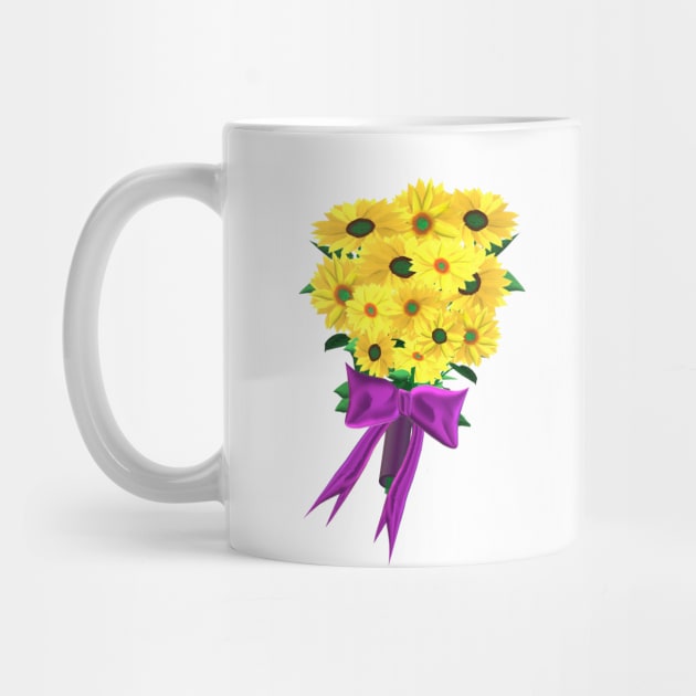 Yellow Sunflowers Bouquet with Purple Ribbon (White Background) by Art By LM Designs 